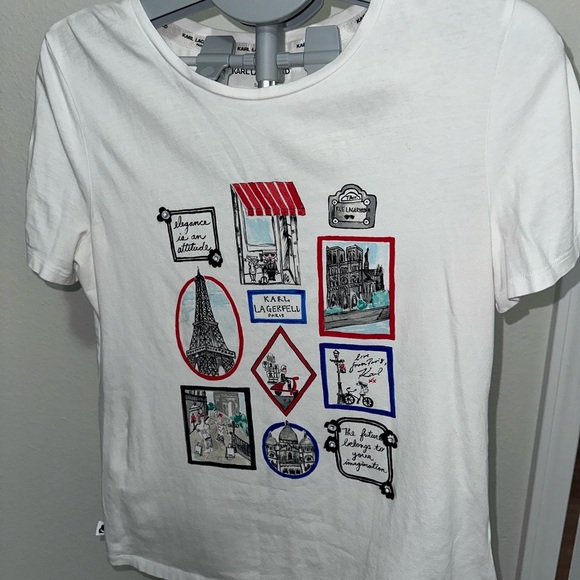 Karl Lagerfeld White Tee with Colorful Parisian Graphics - Picture 1 of 7